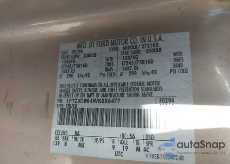 1998 Ford F-150 Lariat/Standard/Xl/Xlt from USA, damaged, VIN 1FTZX1864WKB86477